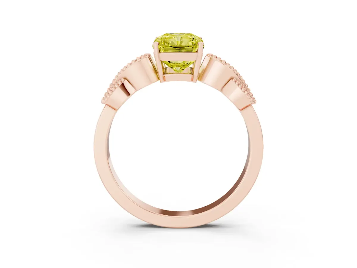 Fancy Yellow Princess Cut Solitaire Milgrain Leaf Band with Prong Setting Rose gold