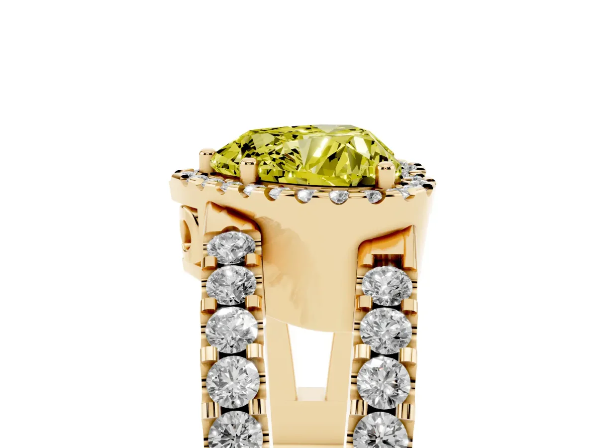 Fancy Yellow Heart Cut Cut Halo Split Shank Diamond Ring with Four-Prong Setting Yellow gold