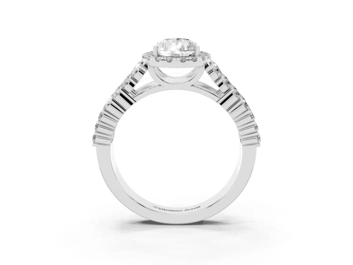 Pear Cut Diamond Halo Engagement Ring with Triple Row Round Pavé Band and Prong Setting Silver
