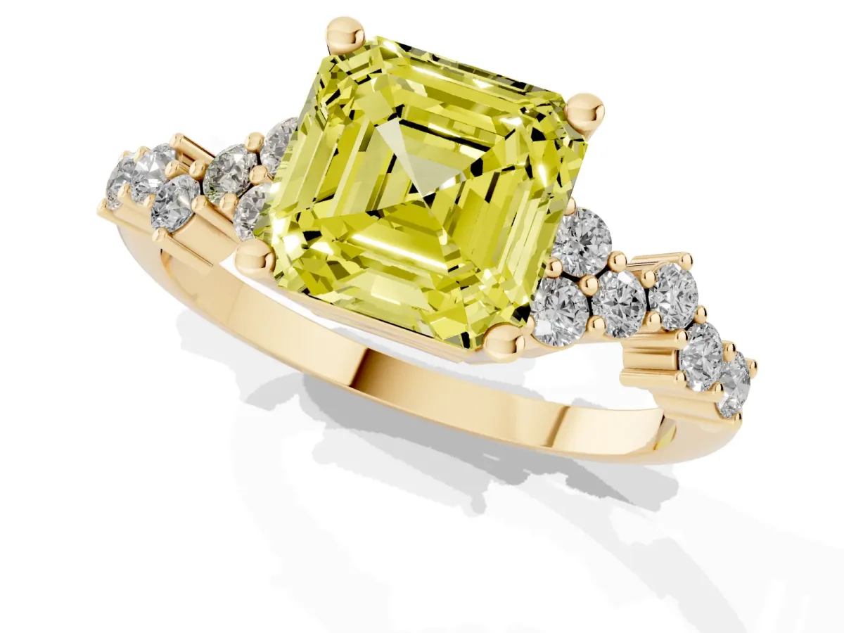 Fancy Yellow Asscher Cut Diamond Scattered Round Accent Ring with Prong Setting Yellow gold