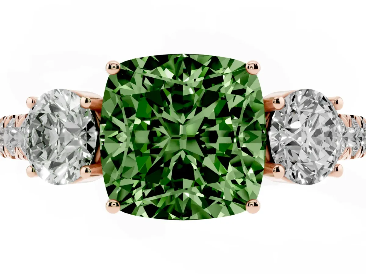 Fancy Green Cushion Cut Cut Diamond Three-Stone Ring with Round Side Stones and Pavé Band Rose gold