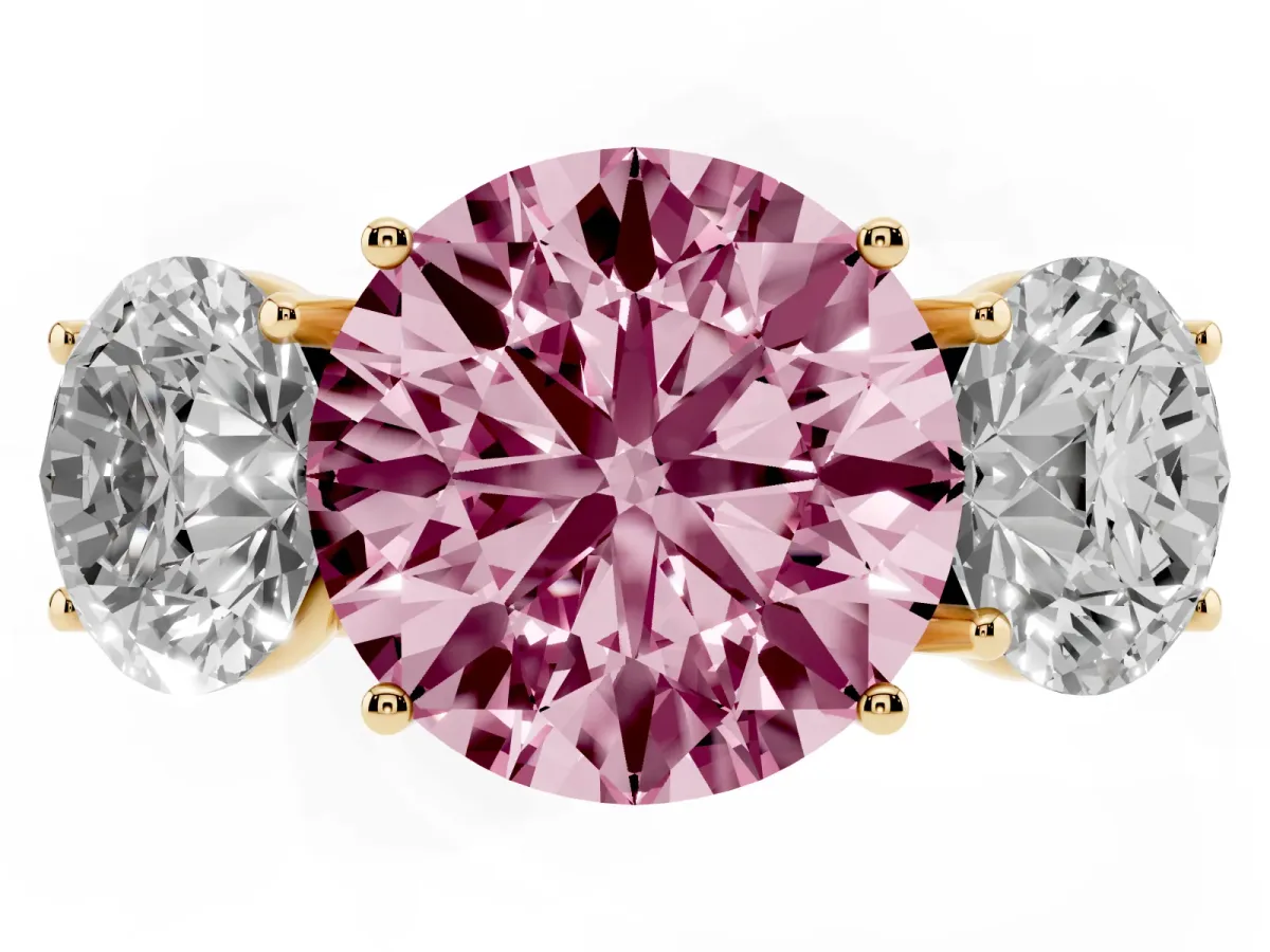 Fancy Pink Three-Stone Round Cut Diamond Braided Band Ring with Four-Prong Setting Yellow gold