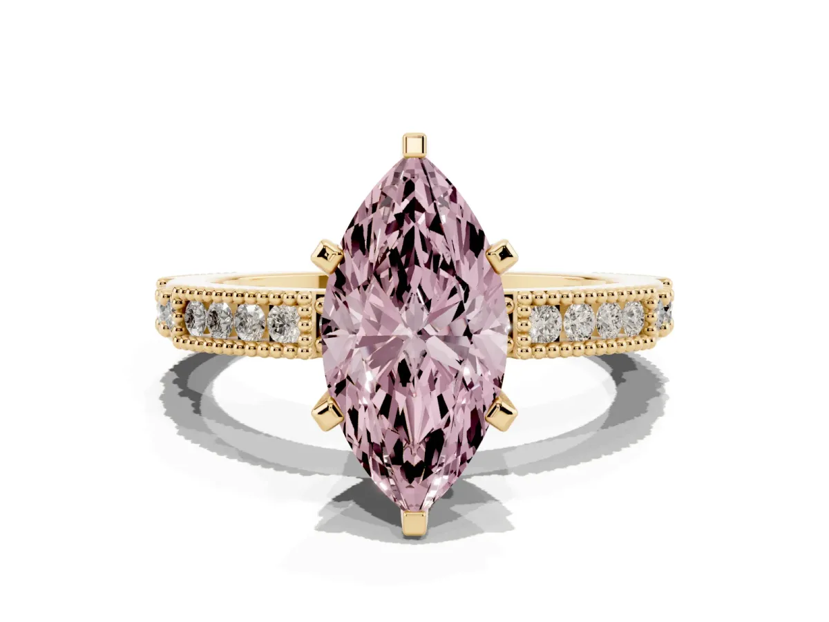 Fancy Pink Marquise Cut Solitaire with Pavé Band and Four-Prong Setting Yellow gold