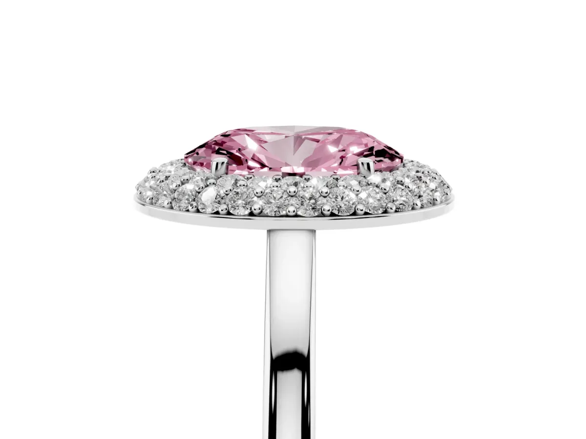 Fancy Pink Oval Cut Halo Diamond Engagement Ring with Solitaire Band and Four-Prong Setting Platinum