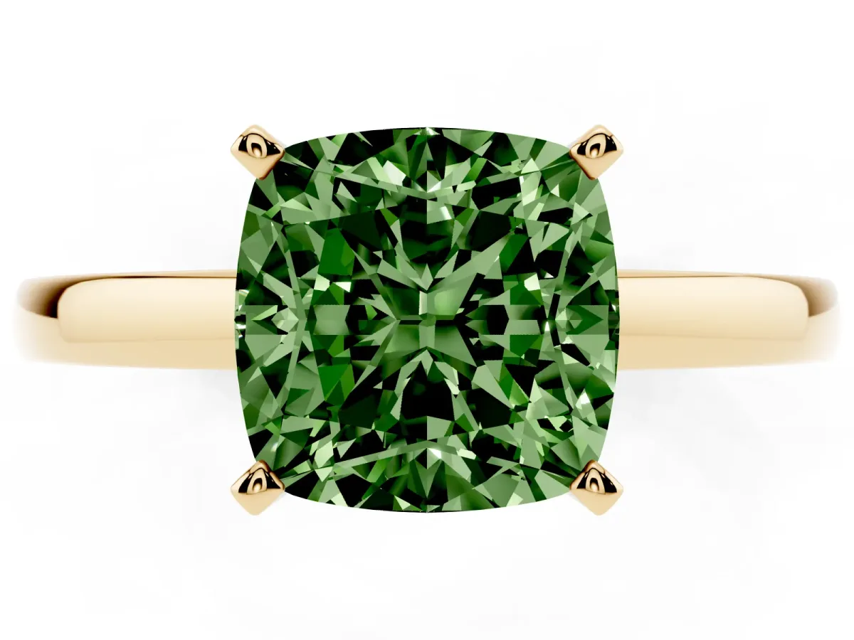 Fancy Green Cushion Cut Solitaire Diamond Engagement Ring with Four-Prong Setting on a Classic Band Yellow gold