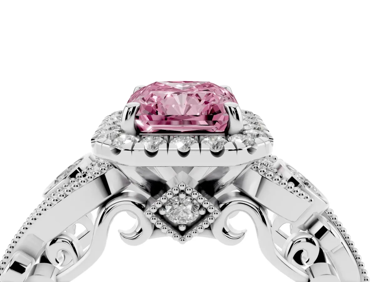 Fancy Pink Radiant Cut Halo Diamond Ring with Milgrain and Bezel Accents on a Split Shank Band Platinum