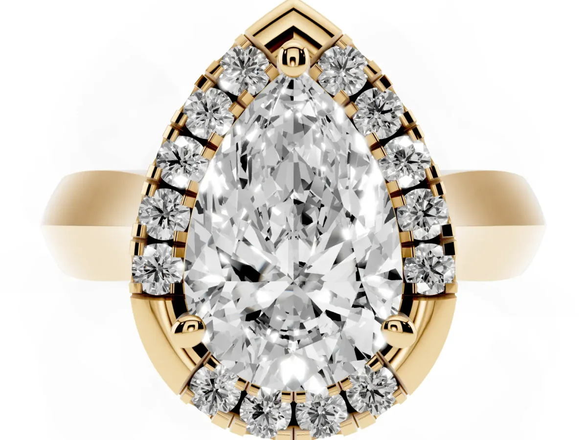 Pear Cut Cut Halo Solitaire Engagement Ring with Square Band and Four-Prong Setting Yellow gold