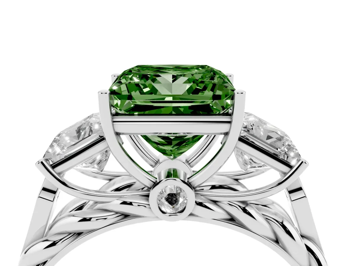 Fancy Green Three-Stone Princess Cut Diamond Braided Band Ring with Four-Prong Setting Silver