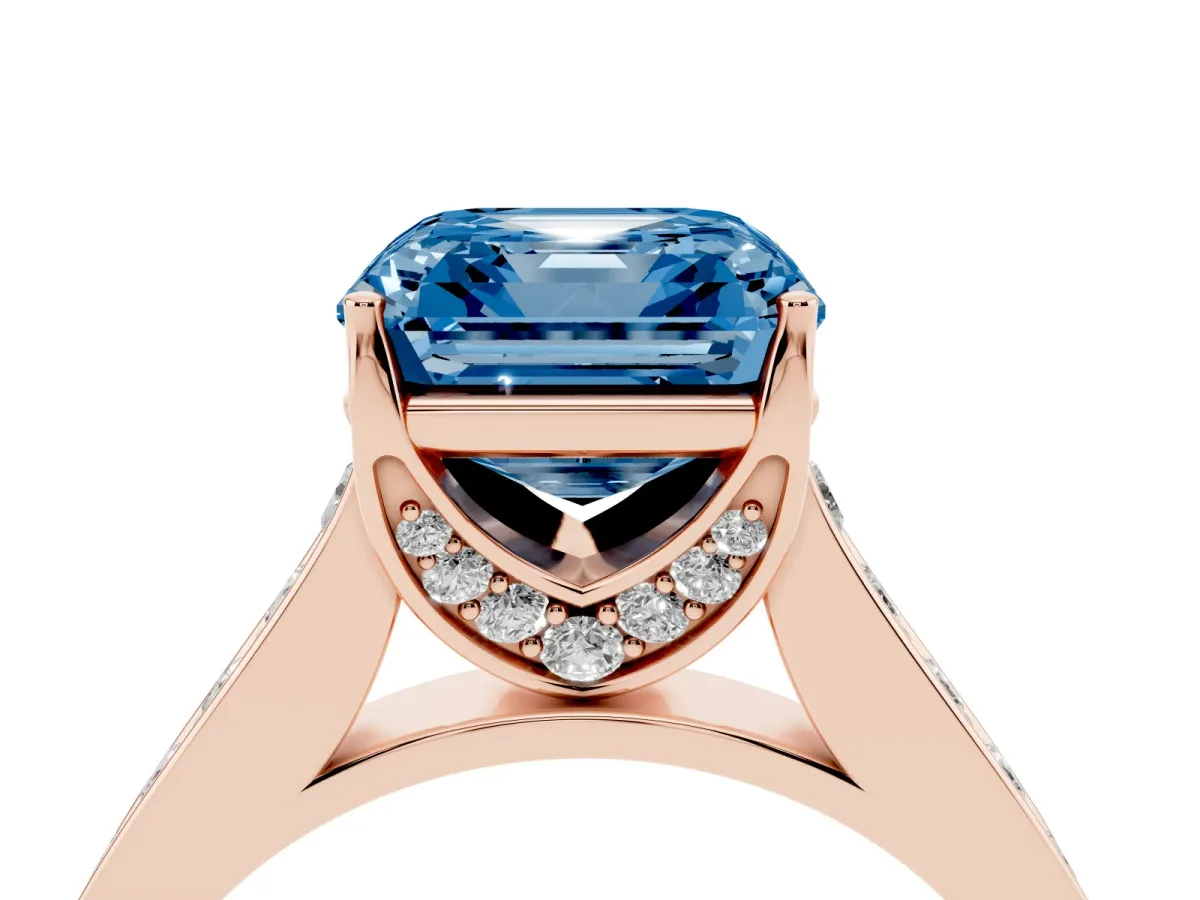 Fancy Blue Asscher Cut Brilliant Cut Diamond Engagement Ring with Pavé Band and Four-Prong Setting Rose gold
