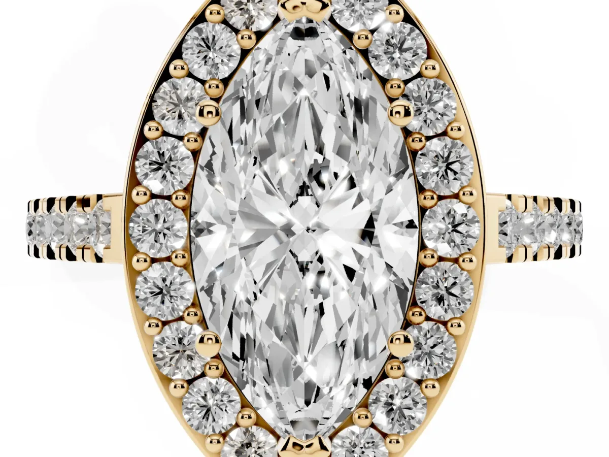 Marquise Cut Diamond Halo Ring with Round Pavé Split Shank and Prong Setting Yellow gold