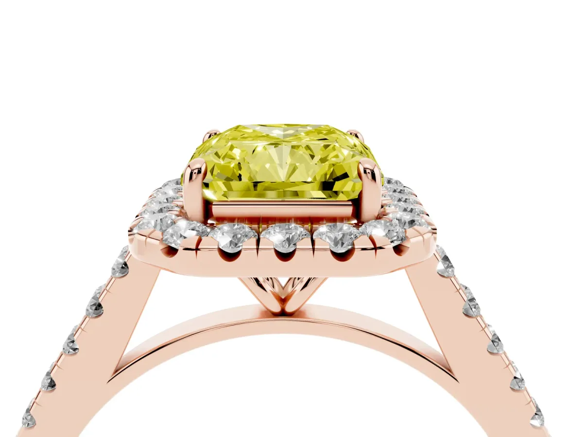 Fancy Yellow Radiant Cut Halo Pave Diamond Engagement Ring with Four-Prong Setting Rose gold