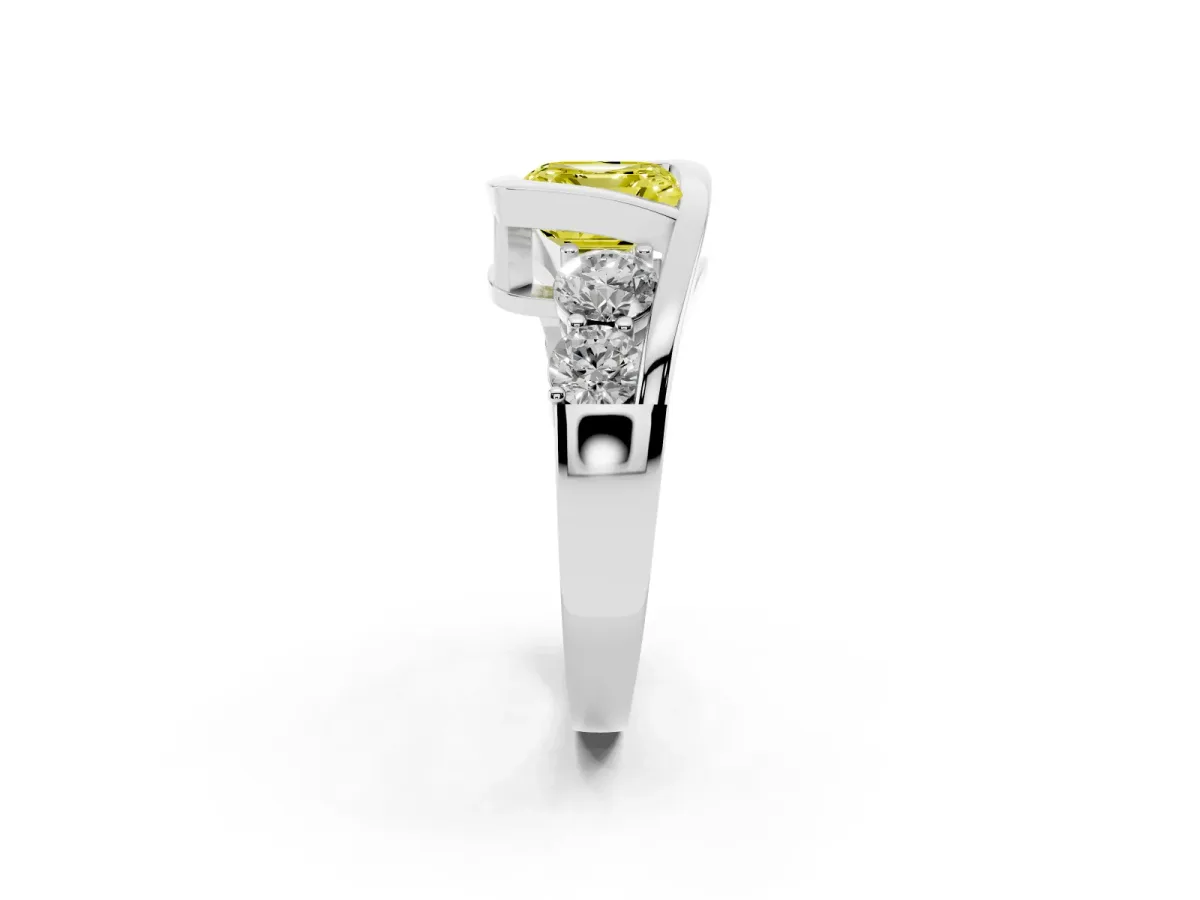 Fancy Yellow Bezel Set Asscher Cut Diamond Bypass Ring with Round Accents Platinum