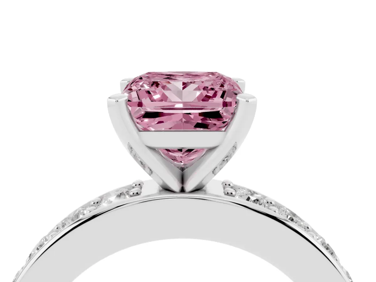 Fancy Pink Princess Cut Diamond Engagement Ring with Channel Set Round Band and Prong Setting Silver
