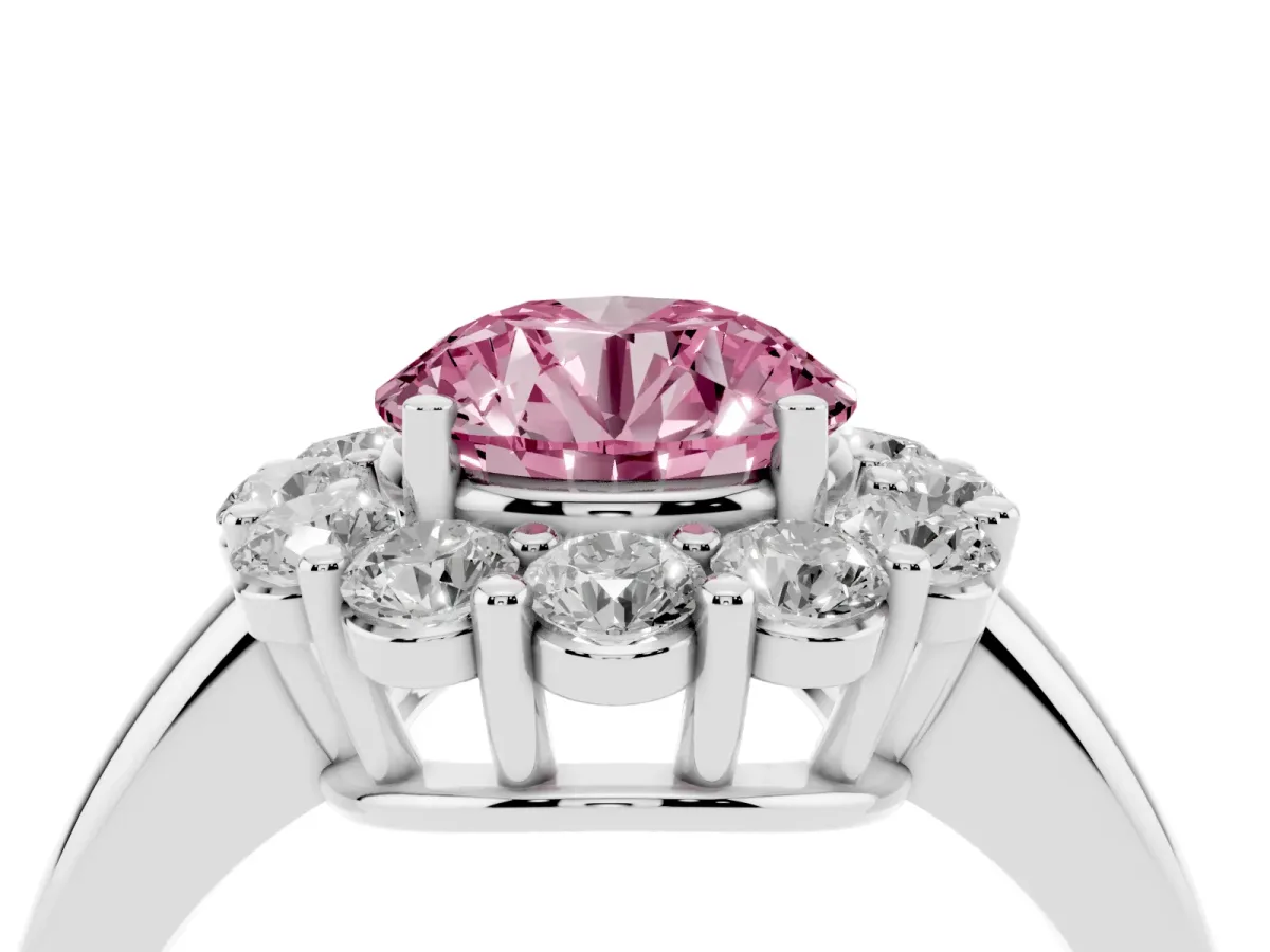 Fancy Pink Round Cut Halo Cluster Diamond Engagement Ring with Prong Setting and Polished Band White gold