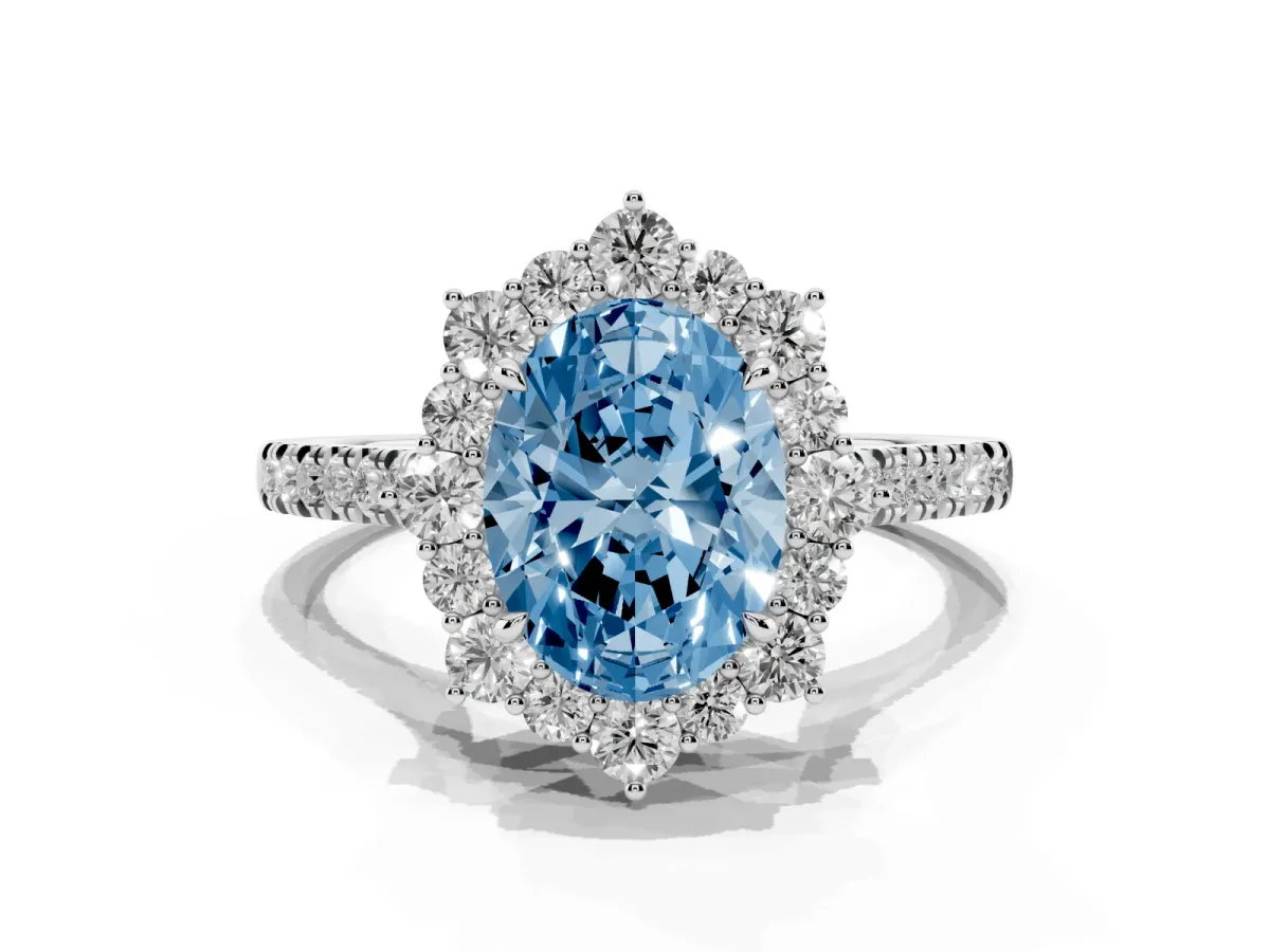 Fancy Blue Oval Cut Halo Diamond Ring with Pavé Band and Prong Setting Silver