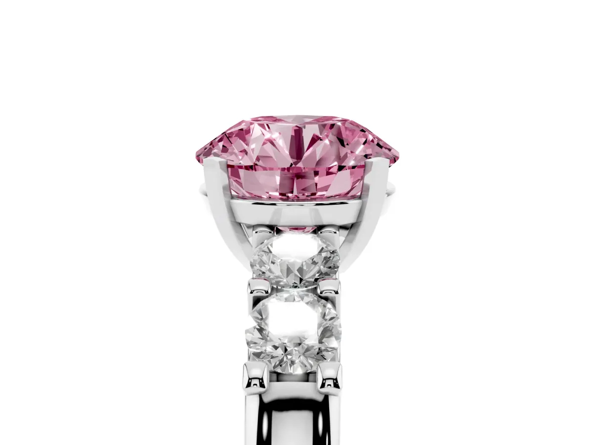 Fancy Pink Round Cut Brilliant Cut Diamond Five-Stone Prong Set Engagement Ring with Channel Band Platinum