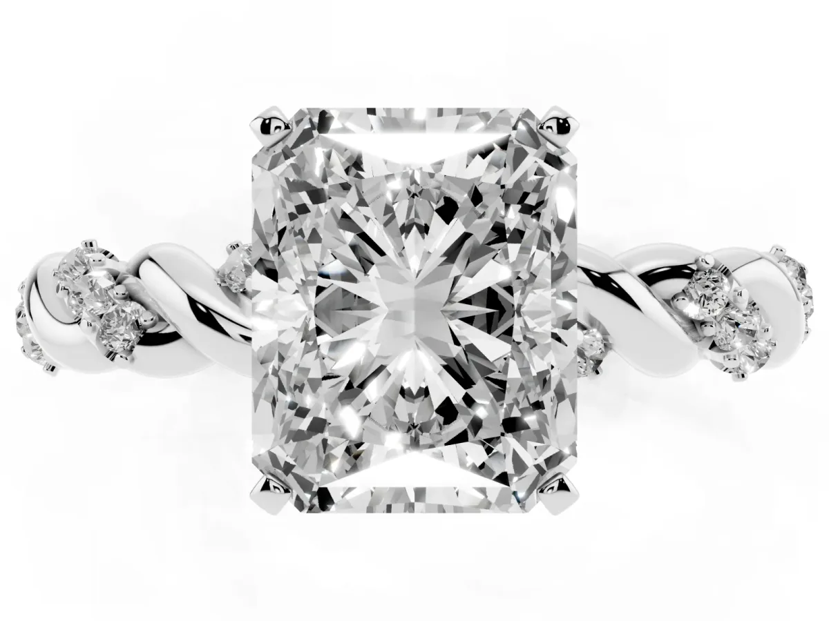 Radiant Cut Diamond Solitaire Ring with Twisted Band and Pavé Accents White gold