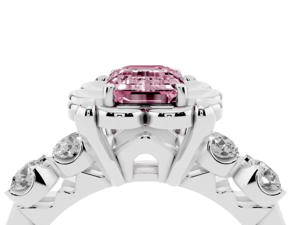 Fancy Pink Emerald Cut Cut Diamond Floral Halo Engagement Ring with Shared Prong Setting Silver
