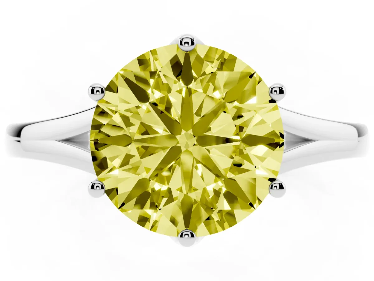 Fancy Yellow Round Cut Solitaire Diamond Ring with Six-Prong Setting and Tapered Band Platinum