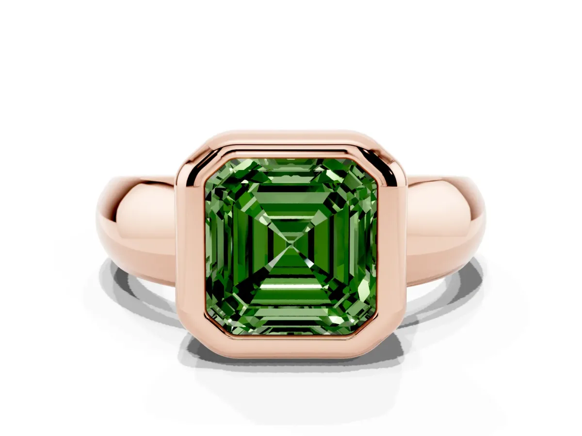 Fancy Green Bezel Set Asscher Cut Solitaire Ring with Wide Band Rose gold