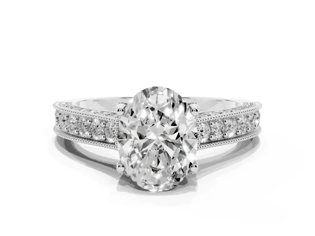 Oval Cut Cut Diamond Solitaire Ring with Milgrain Pave Band and Four Prong Setting Platinum