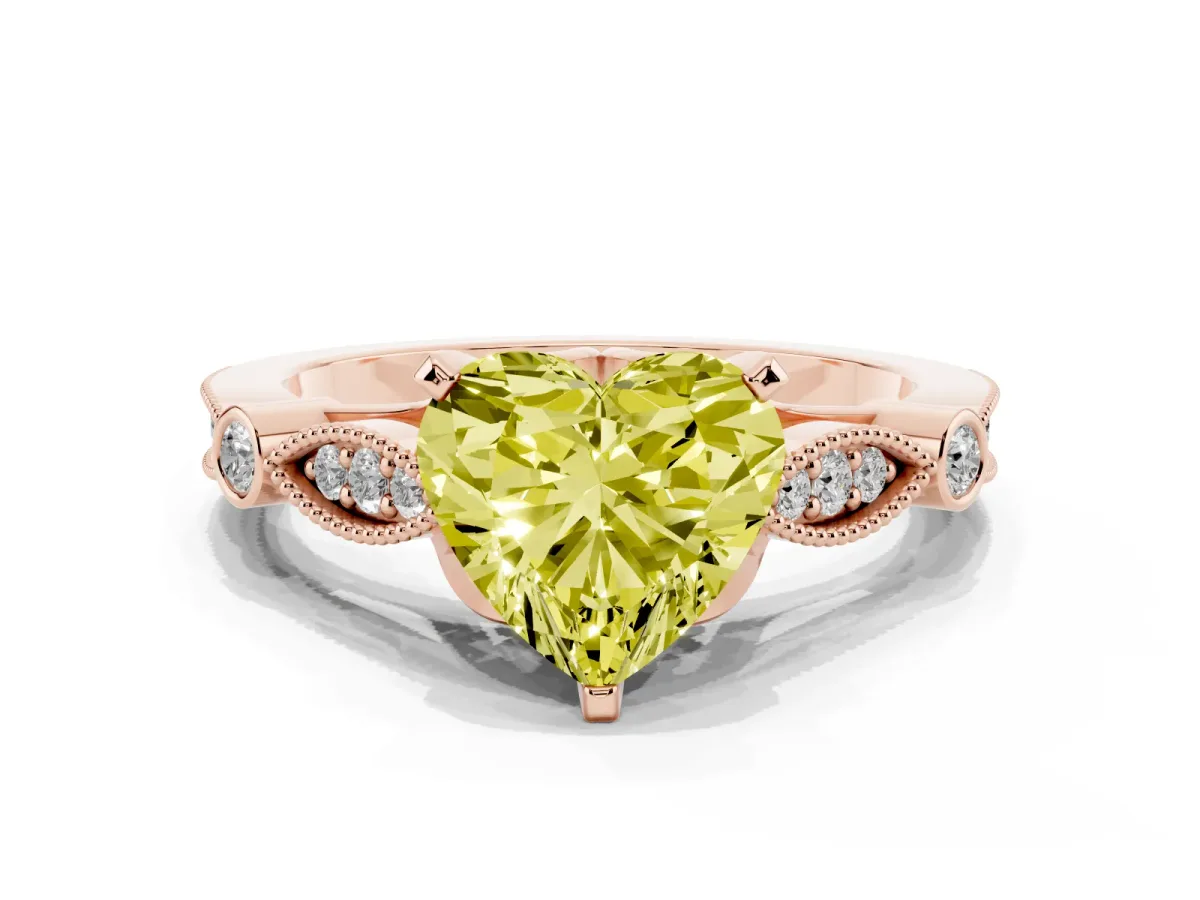 Fancy Yellow Heart Cut Cut Diamond with Milgrain Marquise and Bezel Accents on a Solitaire Band with Prong Setting Rose gold