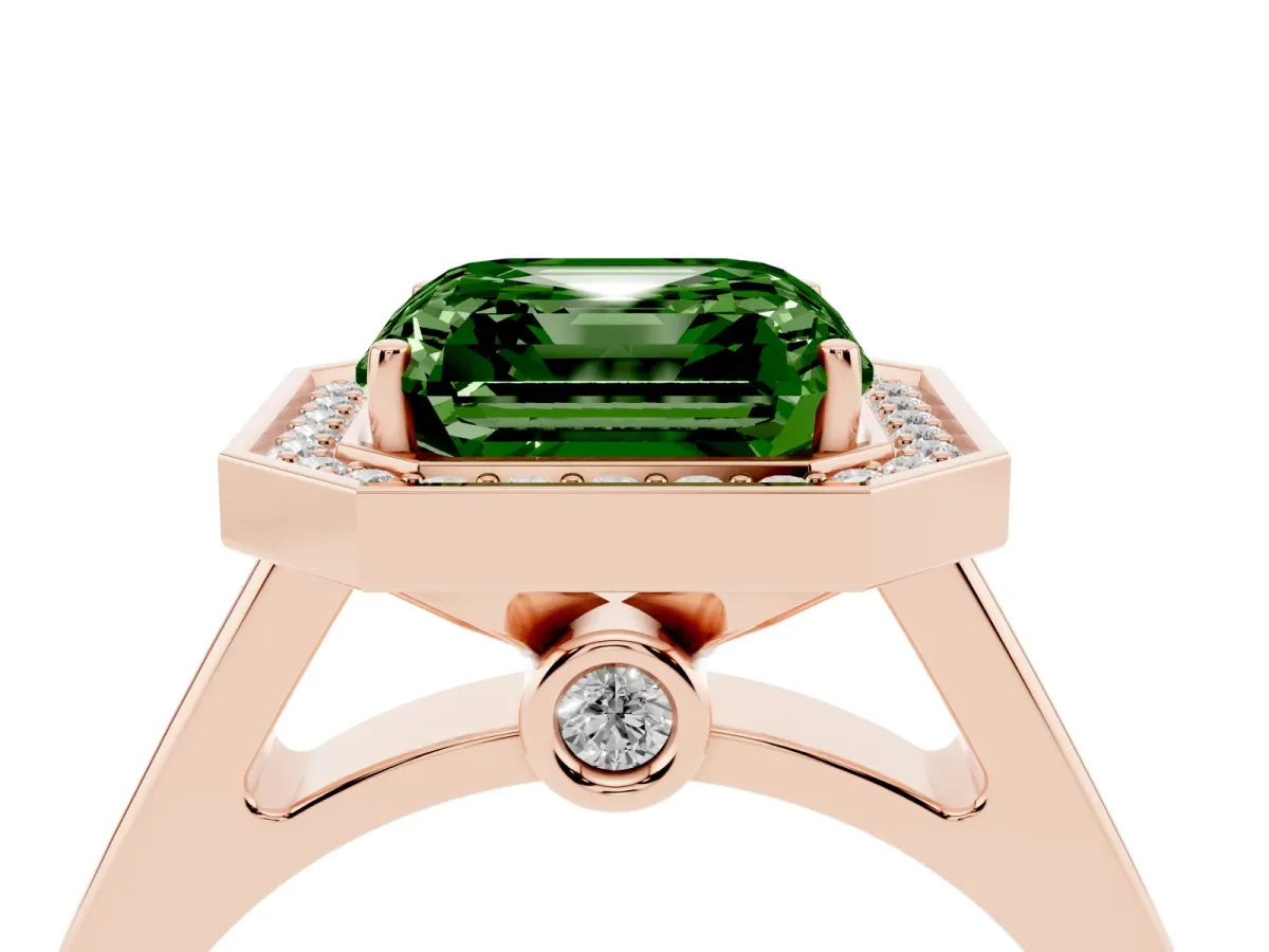 Fancy Green Asscher Cut Halo Solitaire Diamond Ring with Pave Band and Bezel Setting Rose gold