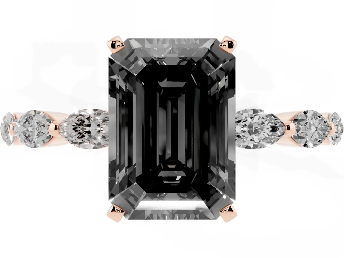 Fancy Black Emerald Cut Diamond Ring with Marquise Side Stones and Prong Setting Rose gold