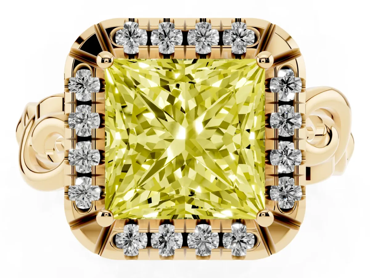 Fancy Yellow Princess Cut Cut Halo Diamond Ring with Scrollwork Band and Four-Prong Setting Yellow gold