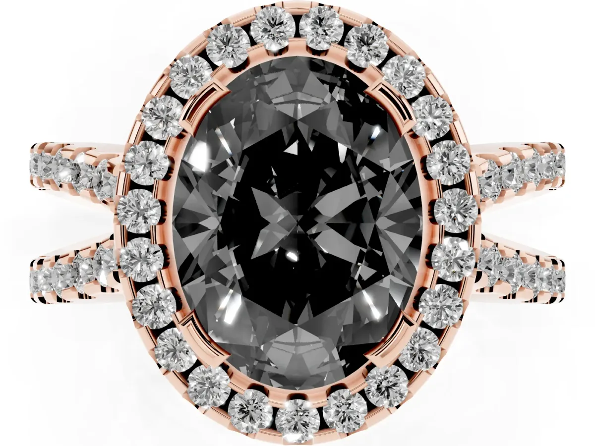 Fancy Black Oval Cut Diamond Halo Ring with Split Shank Pavé Band and Prong Setting Rose gold
