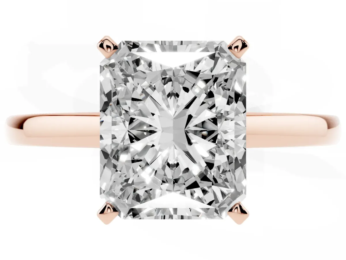 Radiant Cut Solitaire Diamond Engagement Ring with Four-Prong Setting on a Classic Band Rose gold