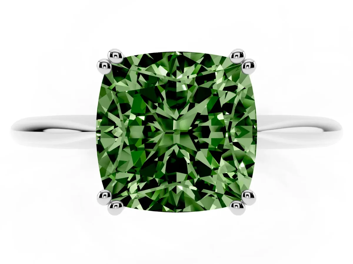Fancy Green Cushion Cut Solitaire Diamond Ring with Six-Prong Setting and Classic Band Silver