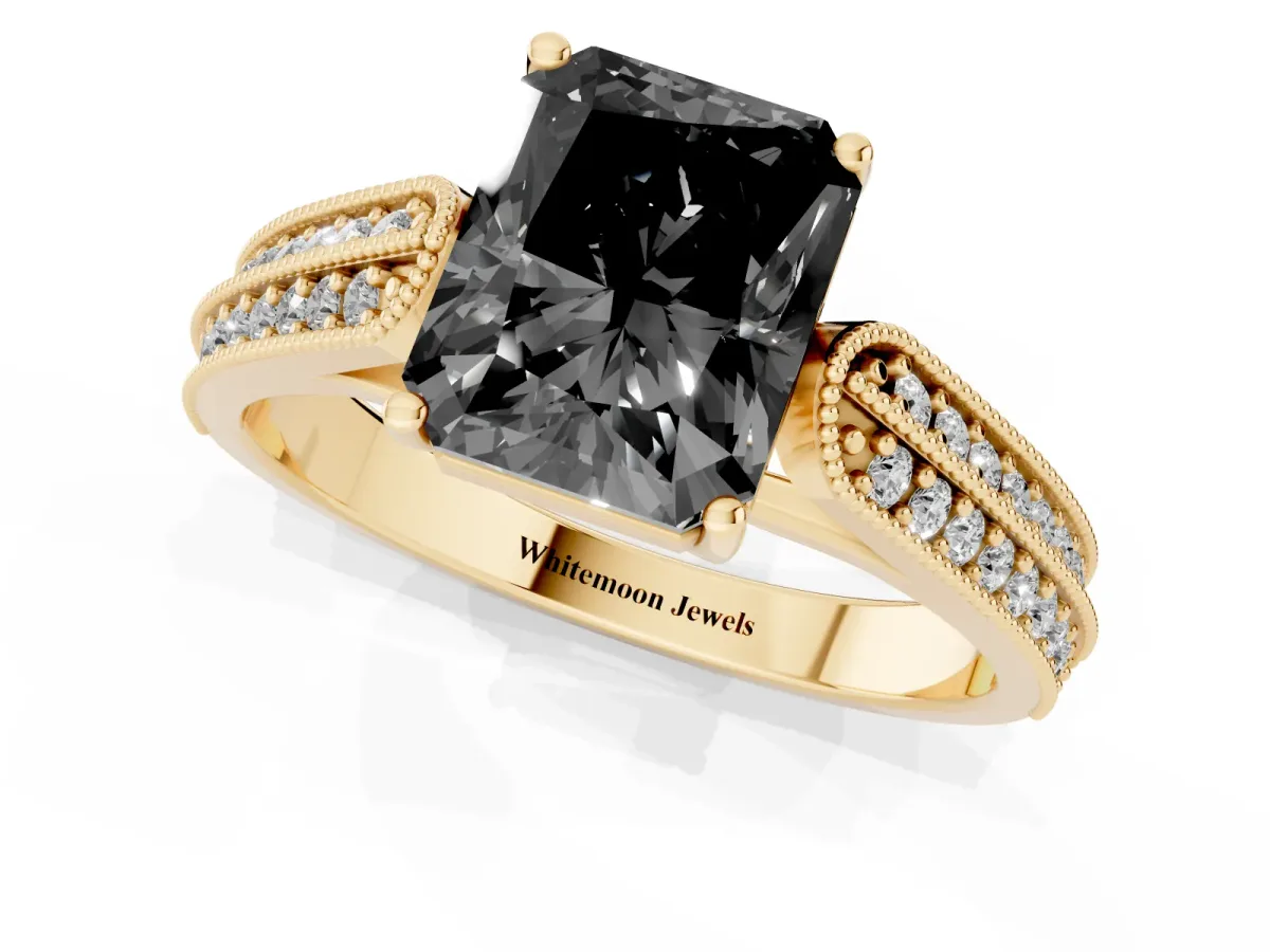 Fancy Black Radiant Cut Cut Pave Split Shank Engagement Ring with Four-Prong Setting Yellow gold