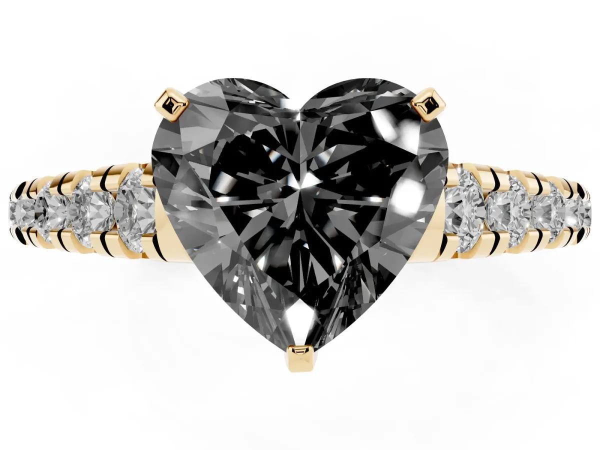 Fancy Black Heart Cut Diamond Cathedral Solitaire Ring with Round Pavé Band Yellow gold