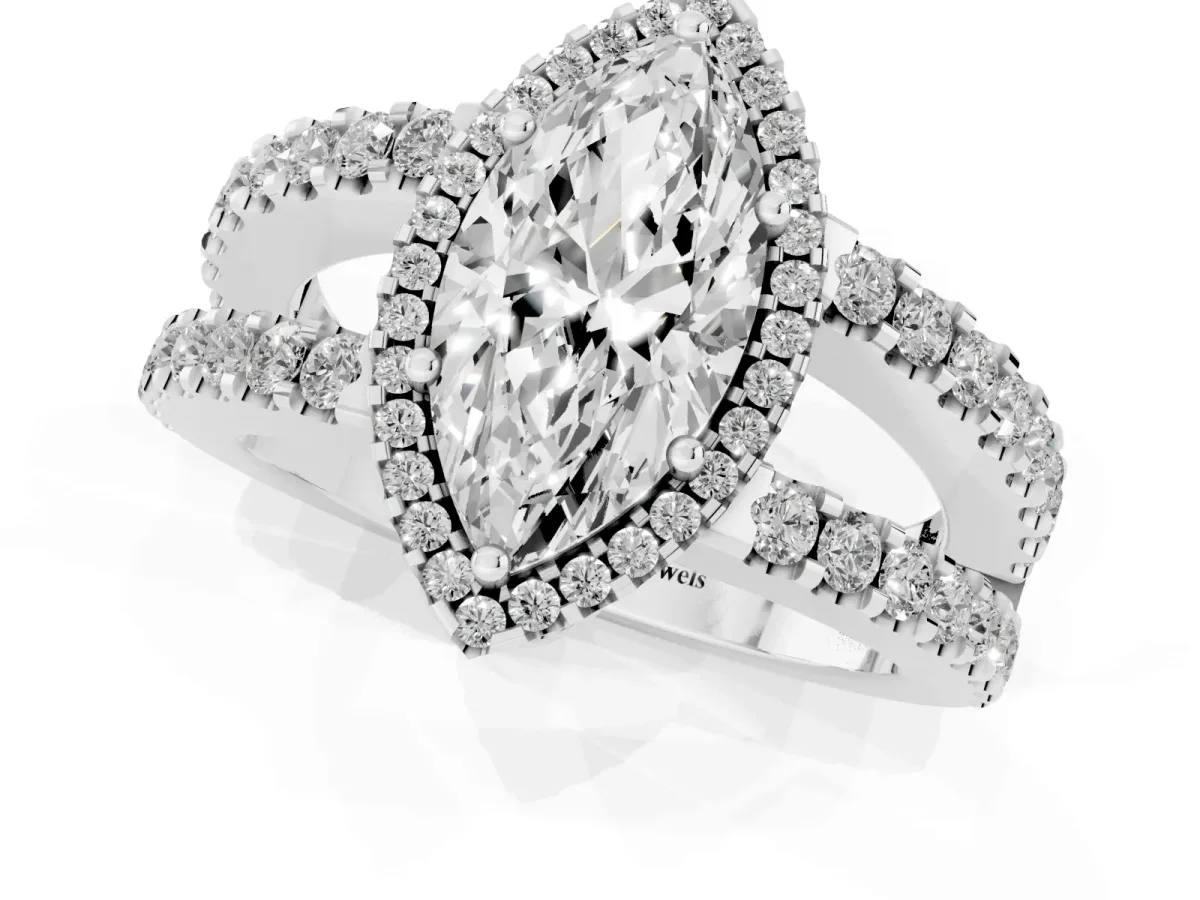 Marquise Cut Cut Halo Split Shank Diamond Ring with Four-Prong Setting Silver
