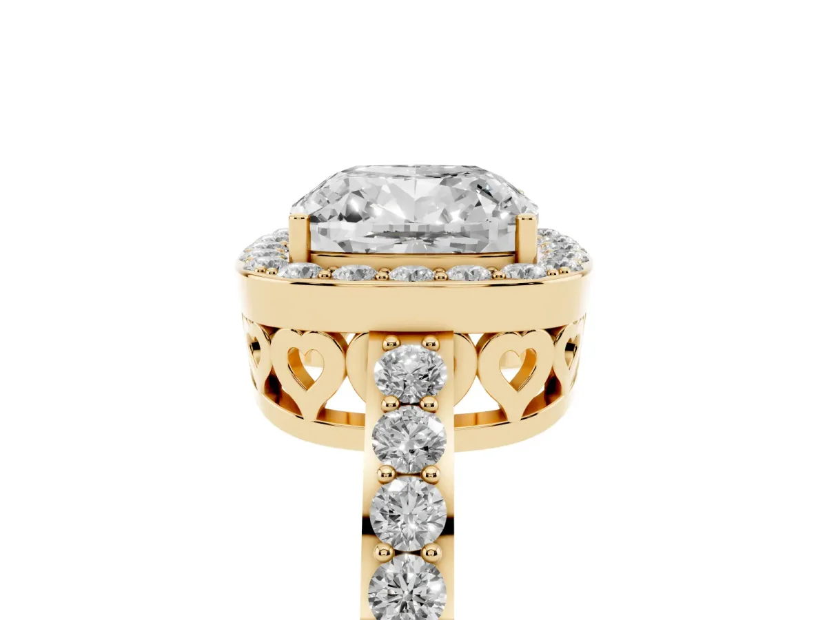 Cushion Cut Halo Diamond Pavé Band Ring with Prong Setting Yellow gold