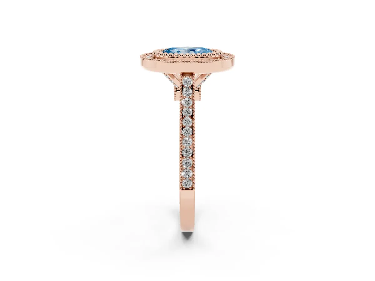 Fancy Blue Oval Cut Diamond Halo Ring with Milgrain Frame and Pavé Band Rose gold