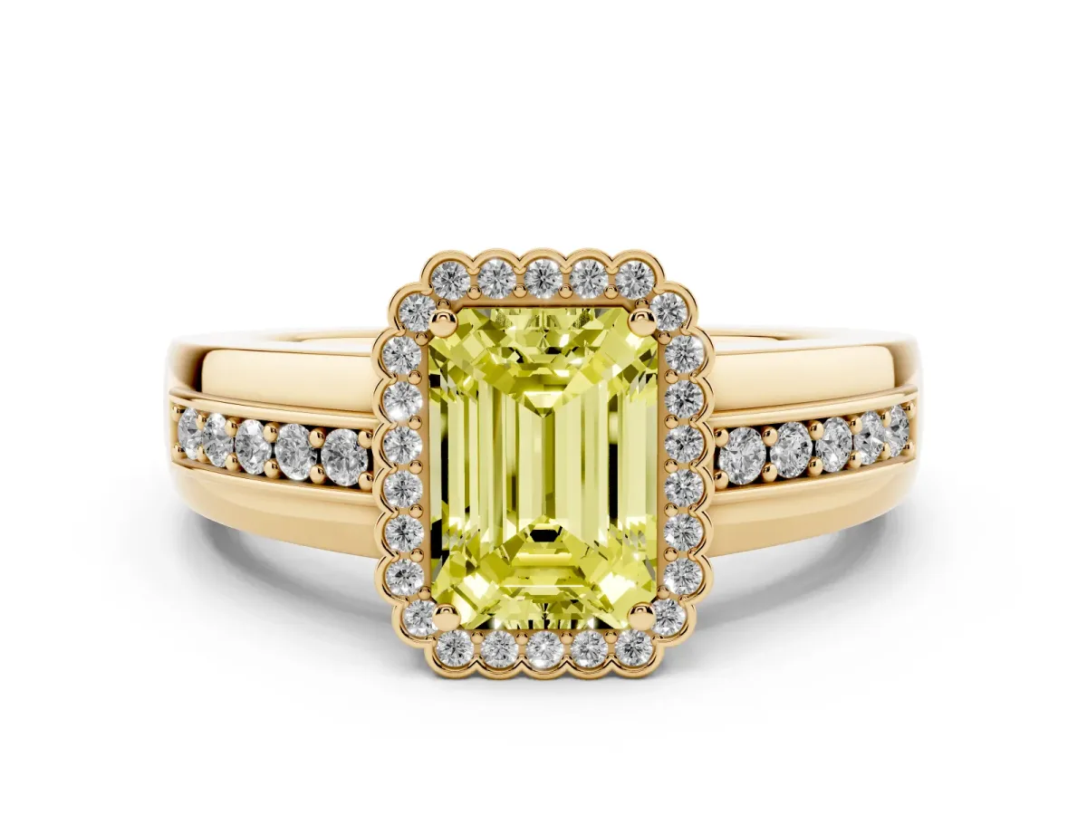 Fancy Yellow Emerald Cut Cut Halo Pave Band Four-Prong Ring Yellow gold