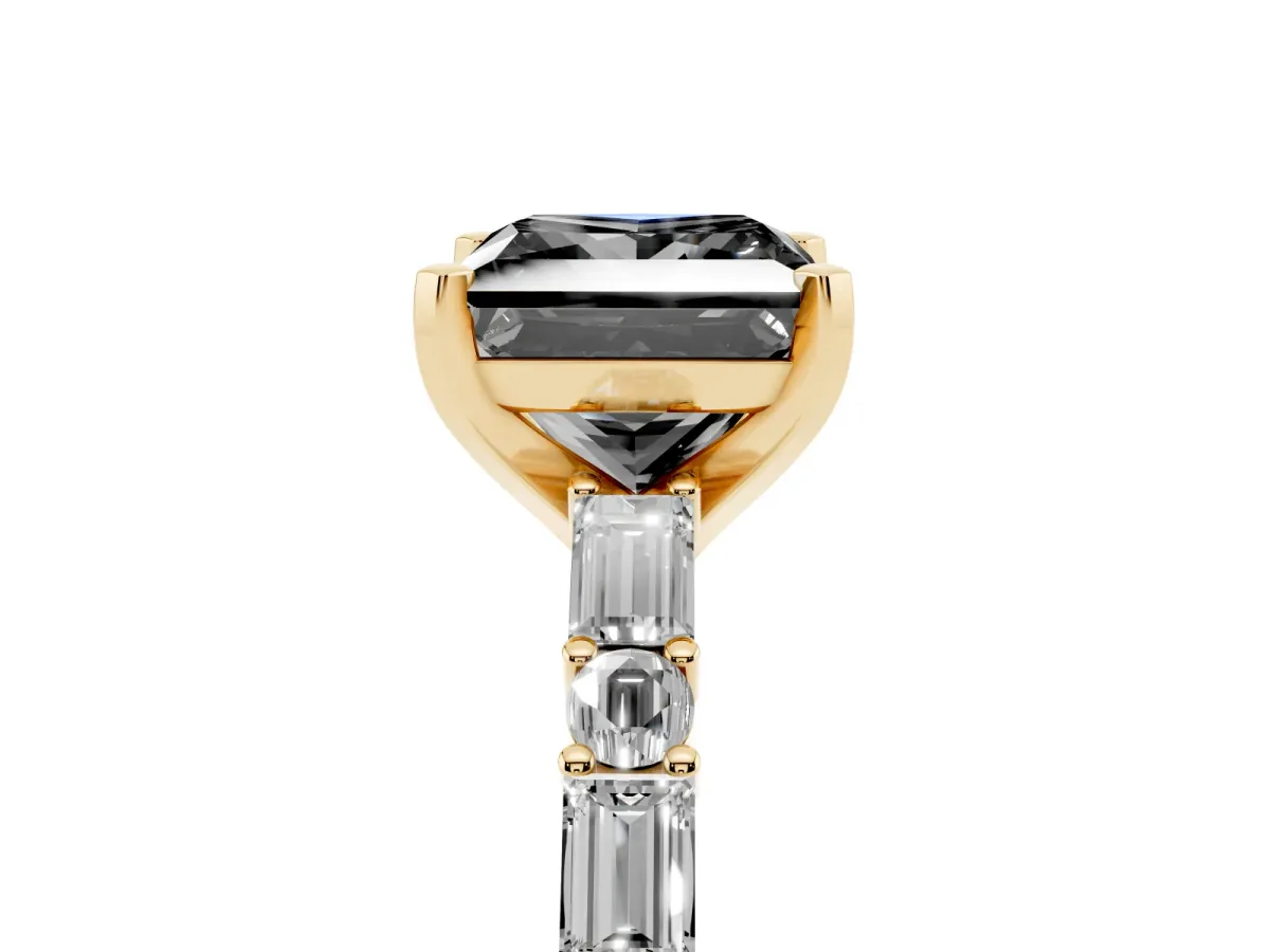 Fancy Black Princess Cut Diamond Solitaire with Side Baguettes and Channel Set Band Yellow gold
