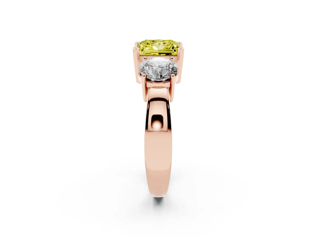 Fancy Yellow Three-Stone Princess Cut Diamond Ring with Round Side Stones, Classic Band, and Four-Prong Setting Rose gold