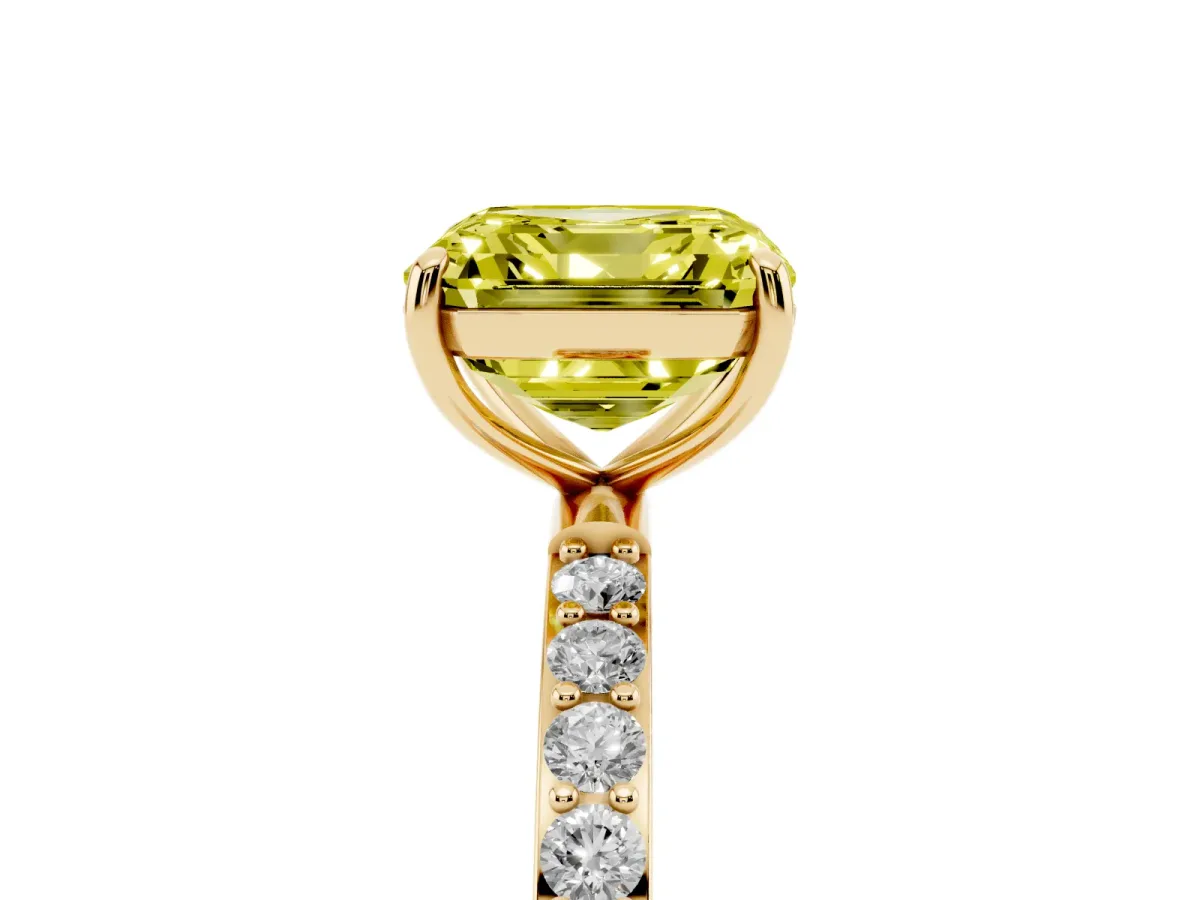 Fancy Yellow Asscher Cut Diamond Solitaire Ring with Round Pavé Shoulders and Prong Setting Yellow gold
