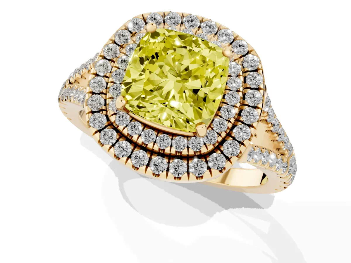 Fancy Yellow Cushion Cut Diamond Double Halo Ring with Pavé Band and Prong Setting Yellow gold