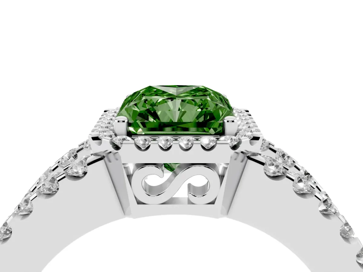 Fancy Green Radiant Cut Cut Halo Split Shank Diamond Ring with Four-Prong Setting Platinum