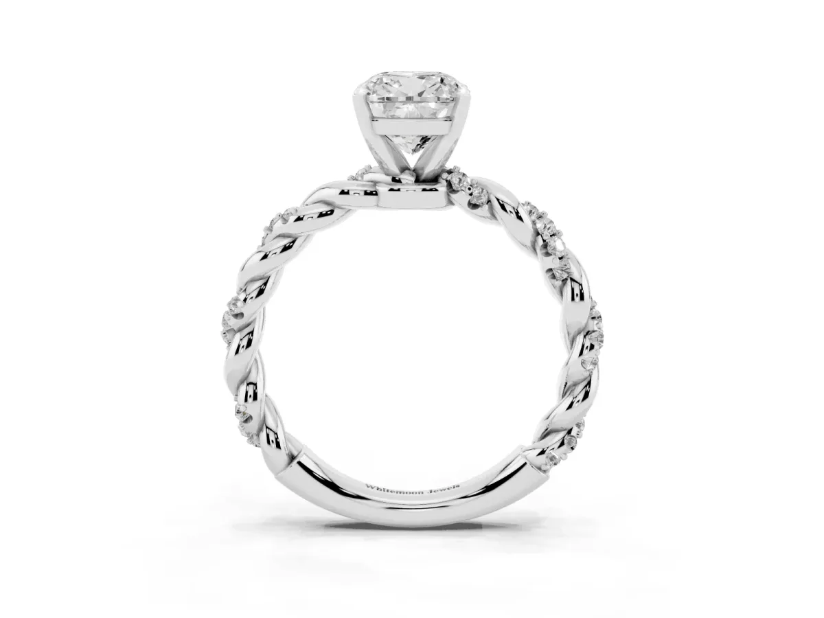 Cushion Cut Diamond Solitaire Ring with Twisted Band and Pavé Accents Platinum