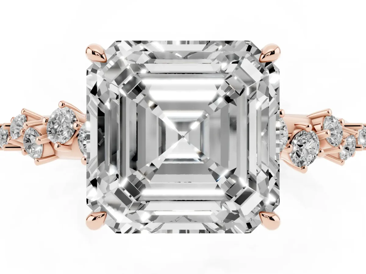 Asscher Cut Diamond Cluster Side Stone Solitaire Ring with Prong Setting Rose gold