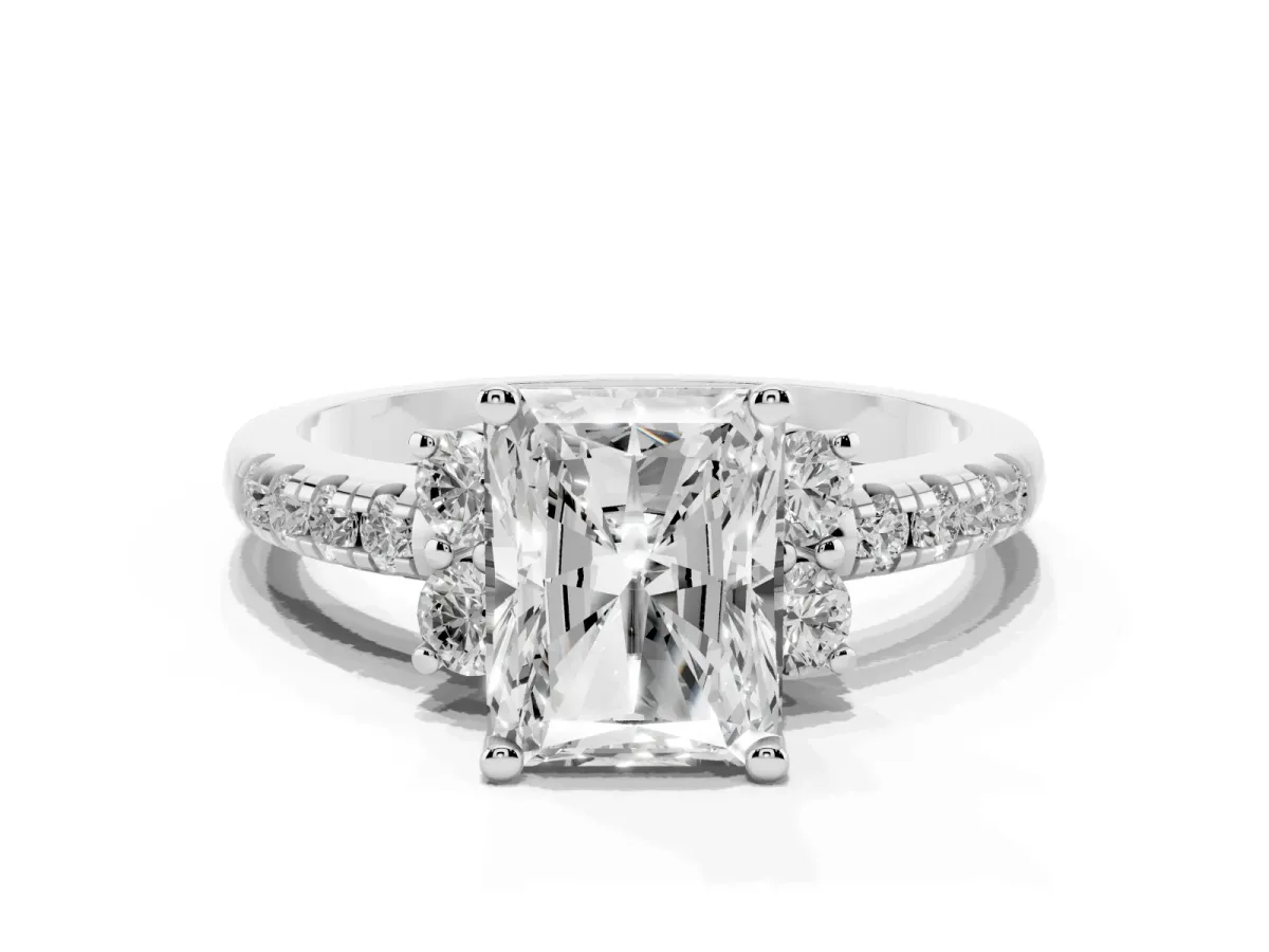 Radiant Cut Diamond Three-Stone Pave Band with Four-Prong Setting Silver