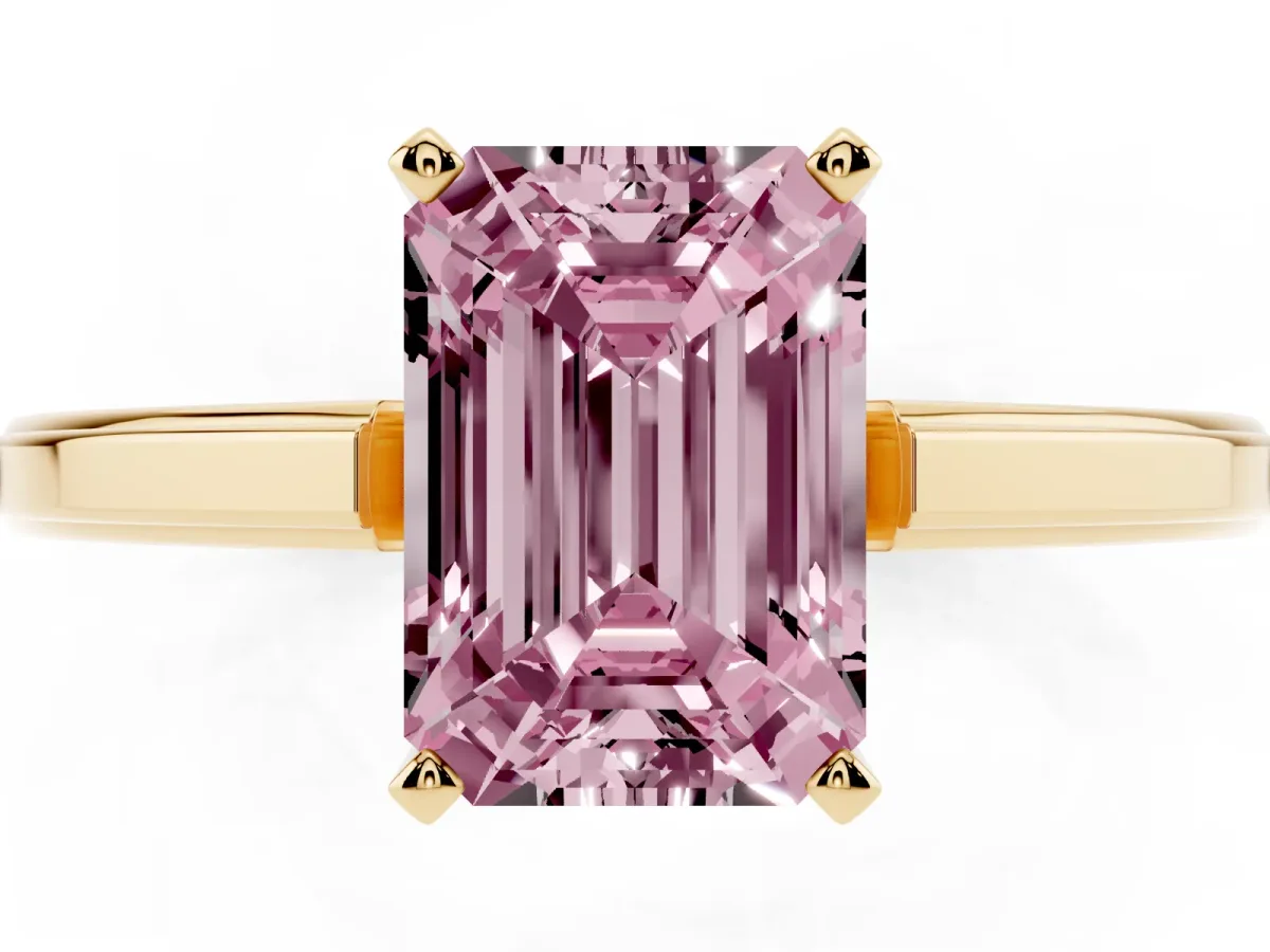 Fancy Pink Emerald Cut Solitaire Diamond Ring with Four-Prong Setting and Classic Band Yellow gold