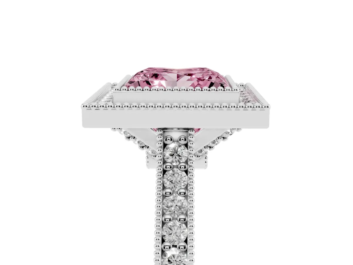 Fancy Pink Halo Princess Cut-Cut Diamond Pave Band Milgrain Prong Setting Ring Platinum