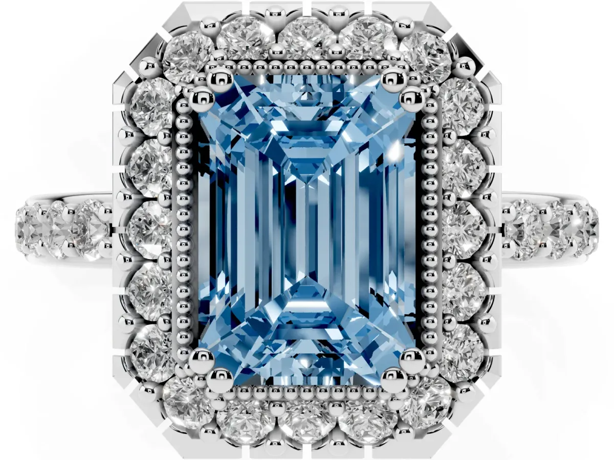Fancy Blue Emerald Cut Diamond Halo Ring with Pavé Band and Prong Setting Silver