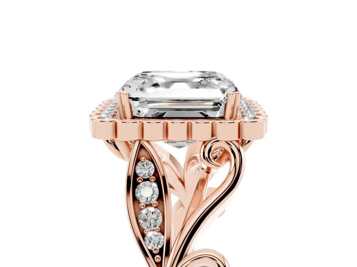 Asscher Cut Diamond Halo Ring with Vintage Split Shank and Four-Prong Setting Rose gold